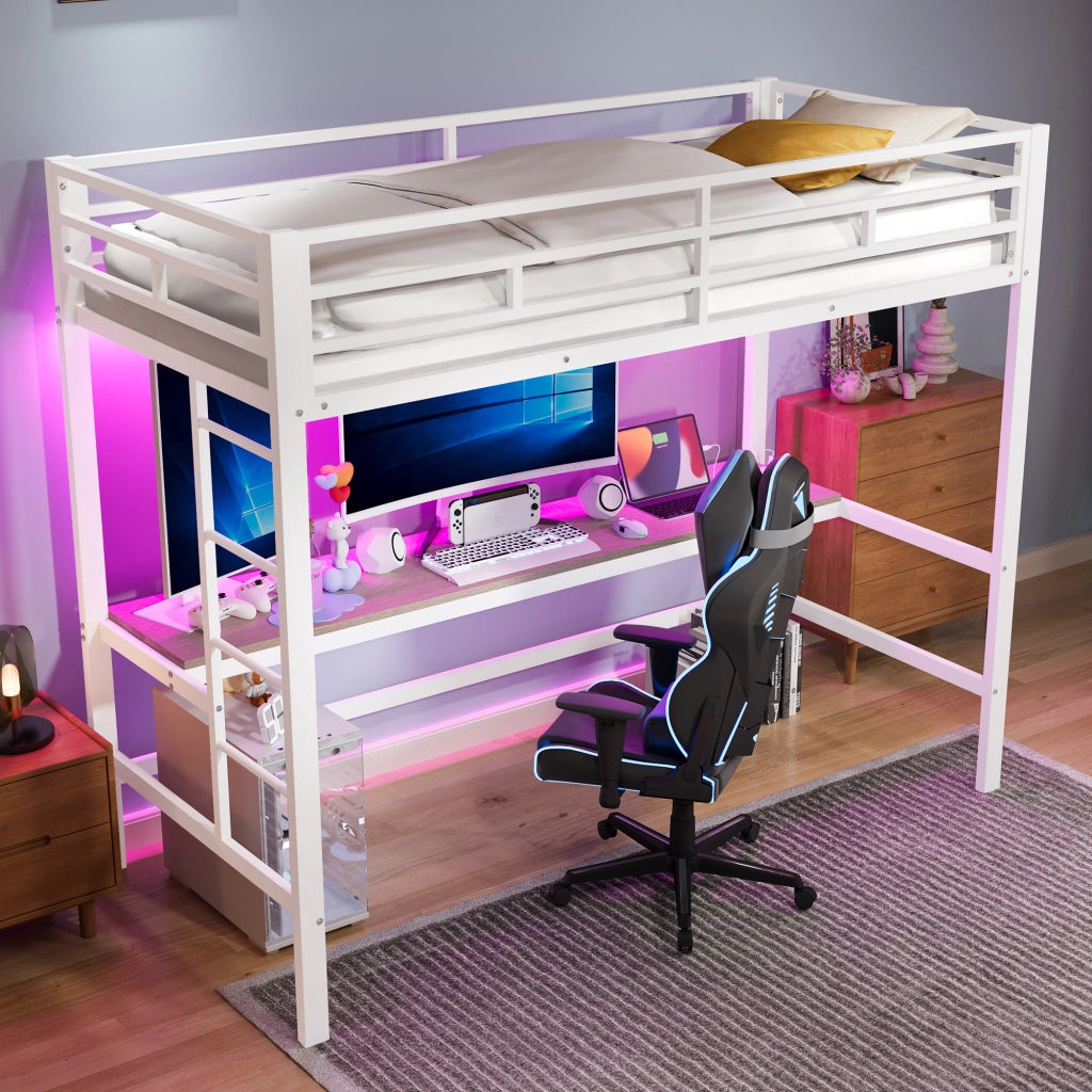 Letto a soppalco per bambini 90 × 200 cm in metallo e MDF bianco con scrivania LED USB e tipo C