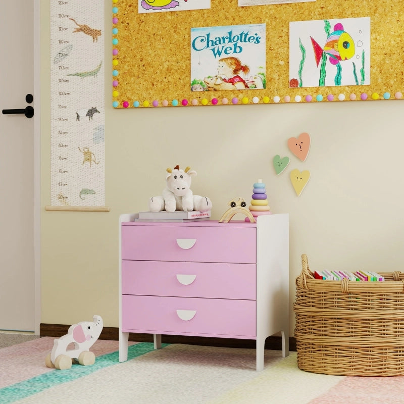Comò per bambini con 3 cassetti, MDF, rosa e bianco
