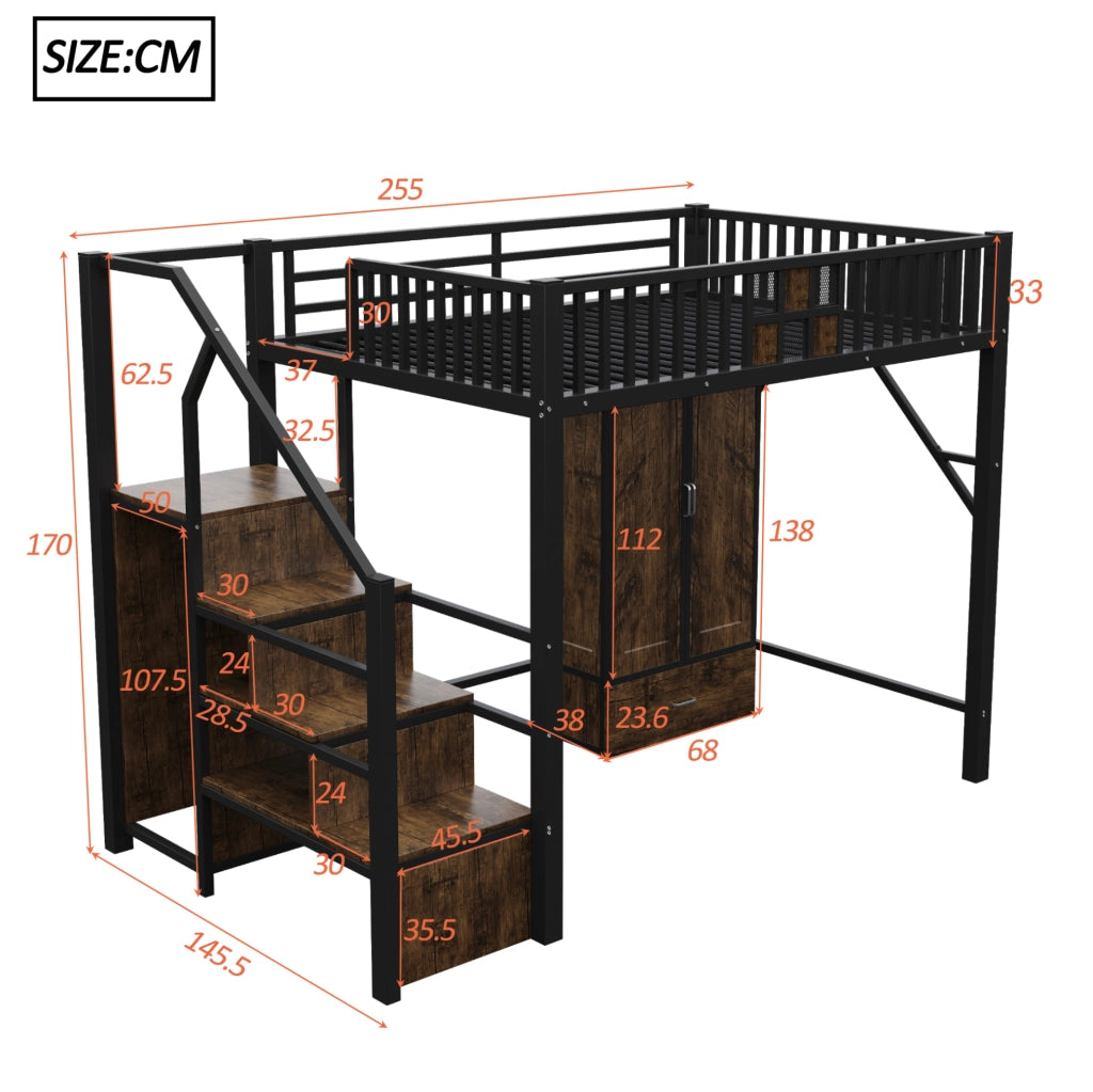 LETTO a soppalco 140 x 200 cm Nero in metallo e legno con armadio e scala