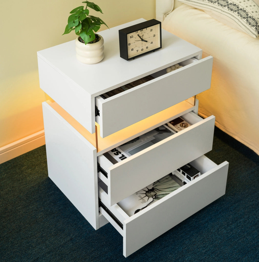 Comodino LED bianco con 3 cassetti e pannello acrilico