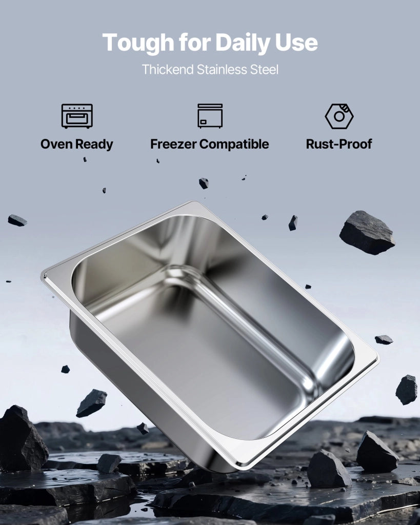 Set 6 Bacinelle Gastronorm 1/2 in Acciaio Inox 325x265x99 mm, Vasche a Vapore 6 L Antiruggine per Ristorazione e Casa