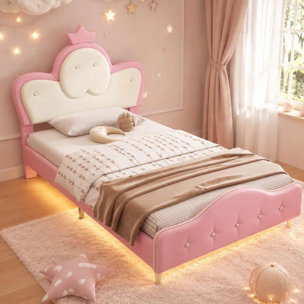 Letto singolo imbottito con LED e testiera a corona 90x200 cm