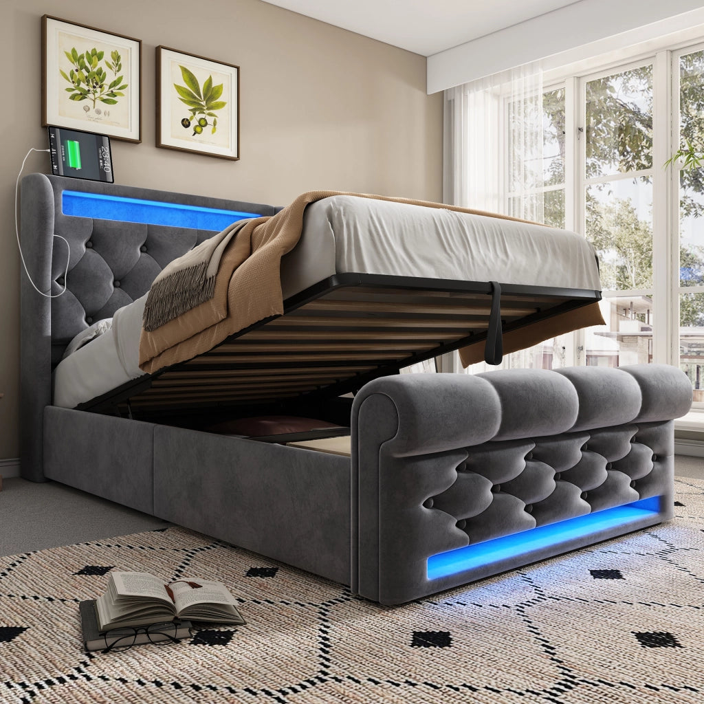 Letto singolo 90x200 cm con materasso e contenitore; grigio