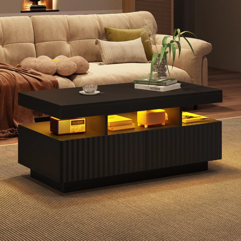 Tavolino da Salotto con LED e 2 Cassetti; Nero; 100x50x45 cm; da Assemblare