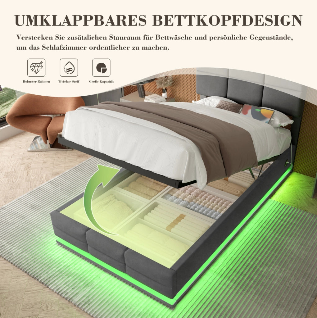 Letto singolo 90x200 cm con contenitore; testiera regolabile; LED e USB; velluto grigio scuro