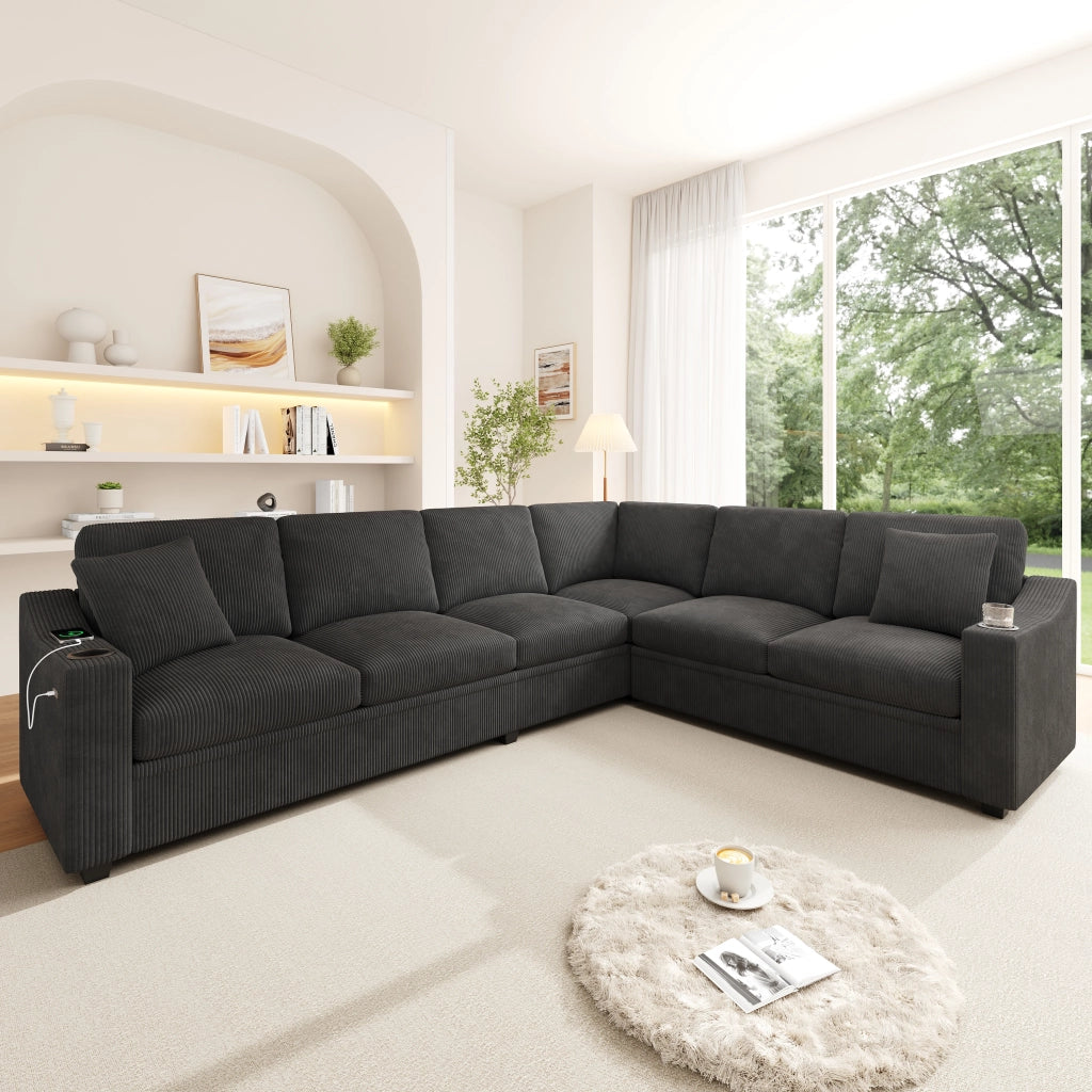 Divano angolare modulare a L 6 posti 277x215x85 cm; USB/Type-C a ricarica rapida; 2 portabicchieri; 2 cuscini; velluto a coste; grigio