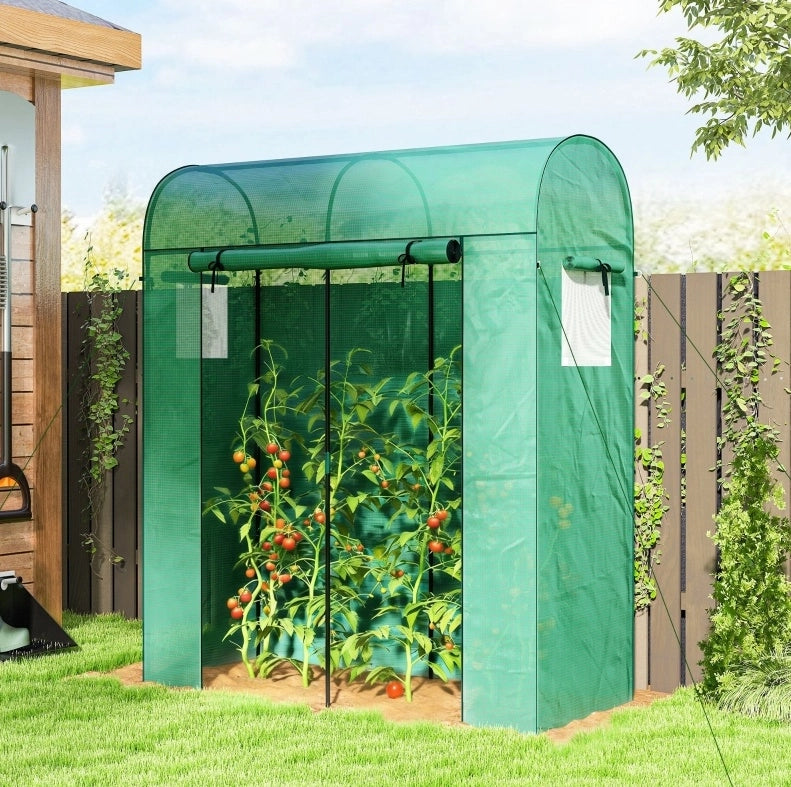 Serra per pomodori in film plastico con struttura in acciaio verniciato, 170 x 68 x 200 cm, verde, con porta avvolgibile e finestre a rete