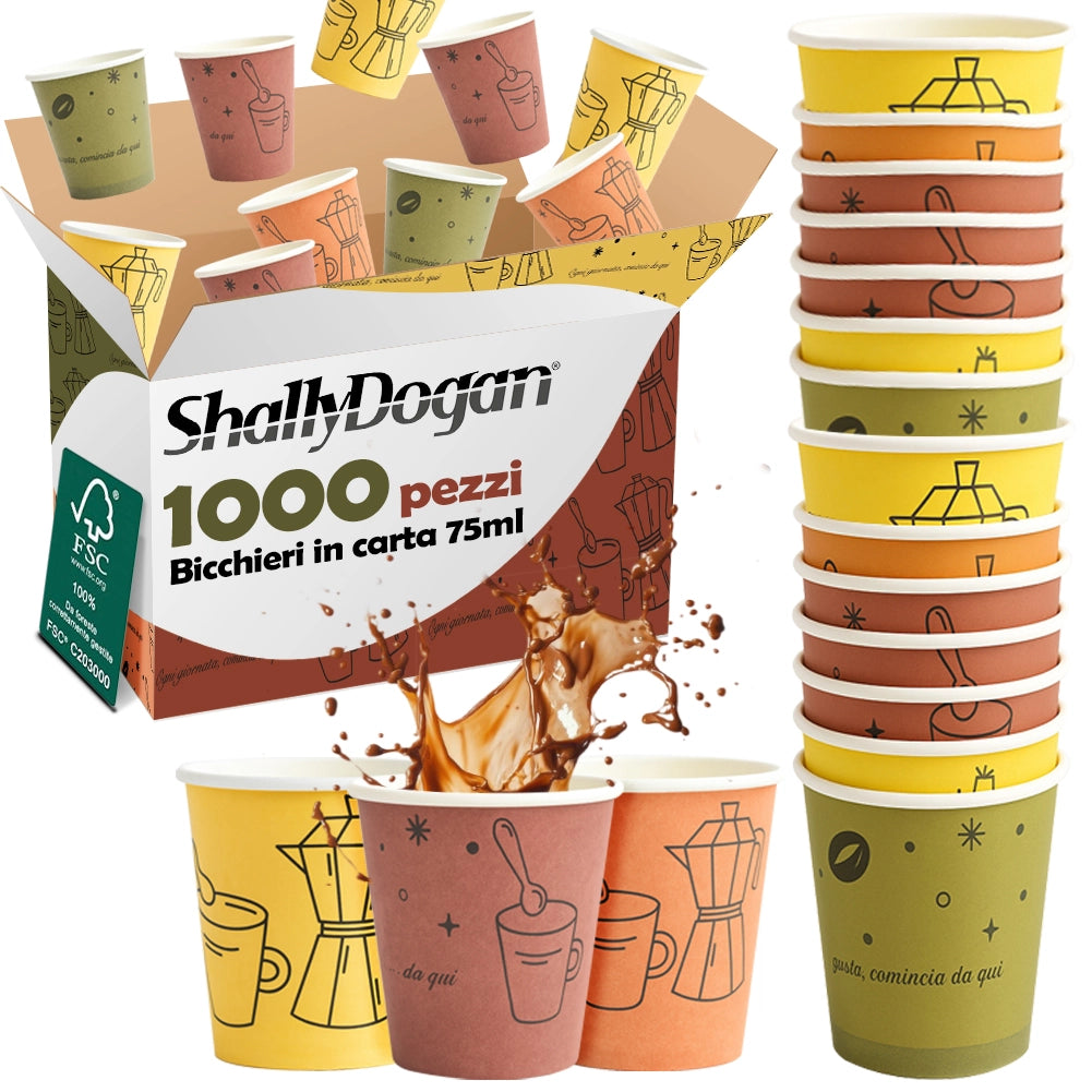 1000 Bicchierini da Caffè Monouso Decoro Moka Bicchieri 75ml Usa e Getta