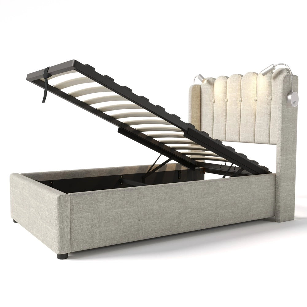 Letto Singolo Imbottito con Testiera LED e Contenitore ¨C MINIMAL ¨C Lino 90x200 con materasso