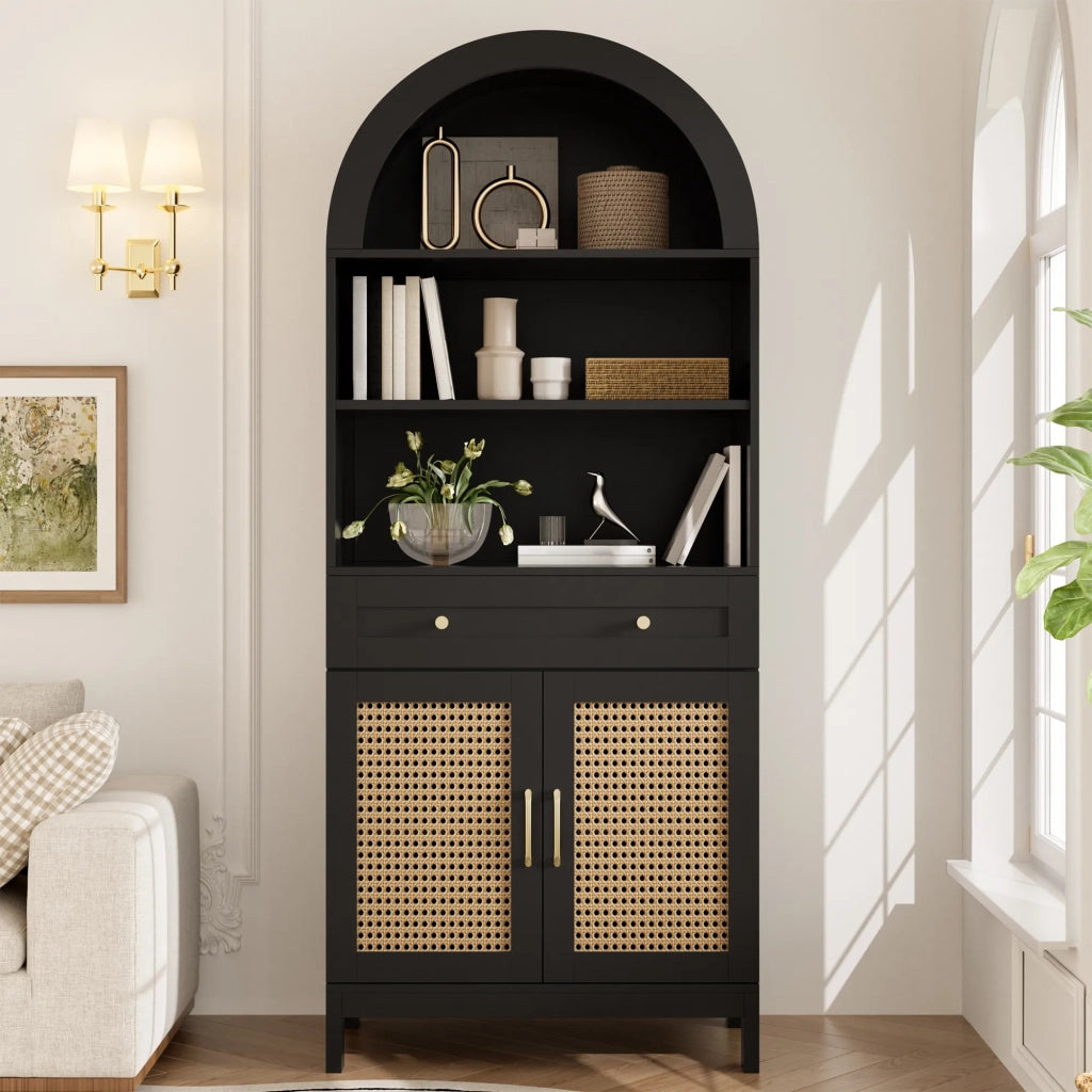 Vetrina moderna ad arco 70x40x170 cm, nero e legno, ante in rattan, 3 ripiani espositivi, 2 ante, 1 cassetto, per soggiorno e ingresso