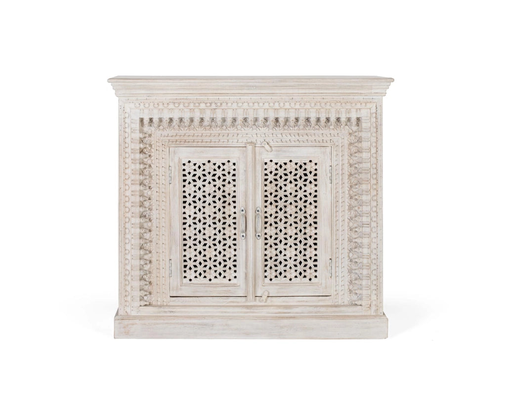Credenza in massello di mango intagliato Colore bianco invecchiato