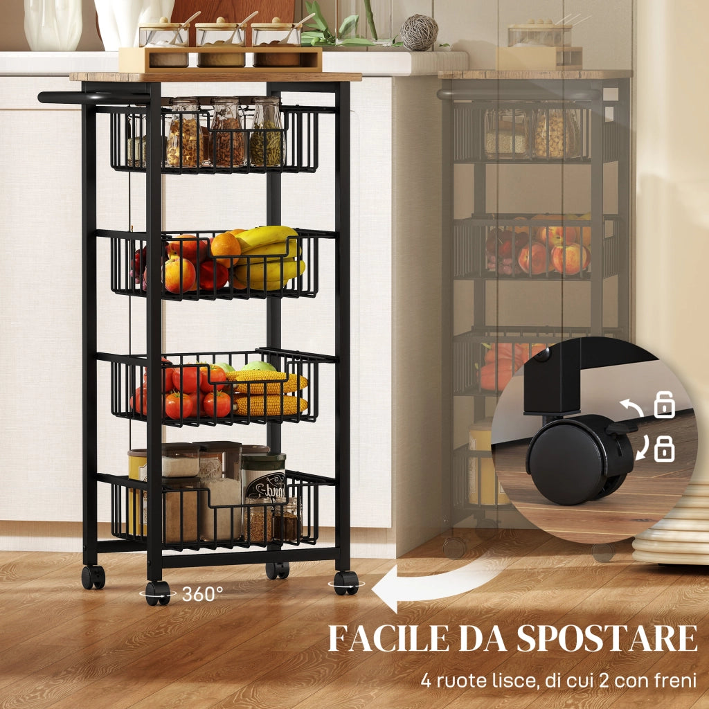 Carrello da Cucina Salvaspazio in Acciaio e Legno con 4 Cestini Estraibili e Ruote con Freno 49.5x31x91 cm Rovere