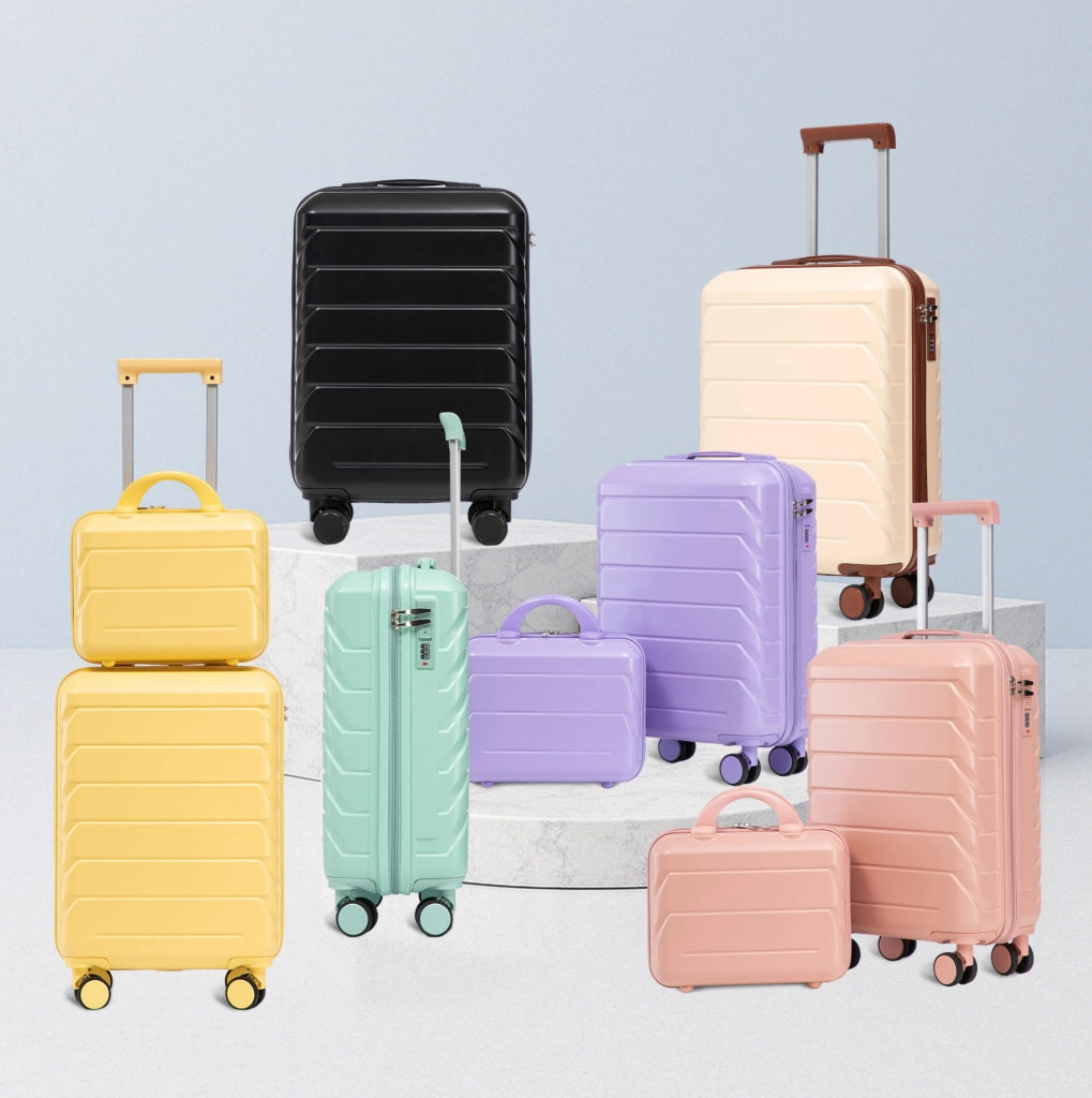 Set valigie rigide ABS blu e viola con trolley 14" e 19", con lucchetto a combinazione e beauty case 14"