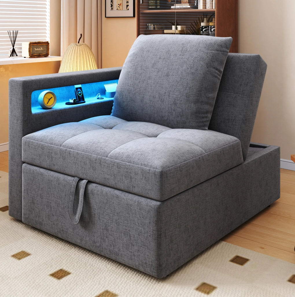 Divano letto 3 in 1 grigio chiaro con schienale regolabile, LED e ricarica