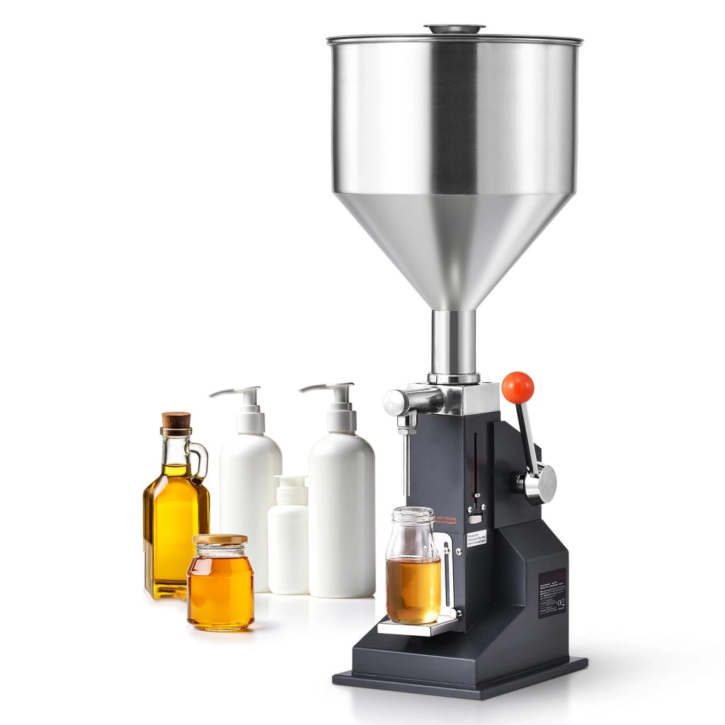Riempitrice manuale A03 per liquidi e paste 5-50 ml con tramoggia 10 L in acciaio inossidabile 304 regolabile per officina e laboratorio