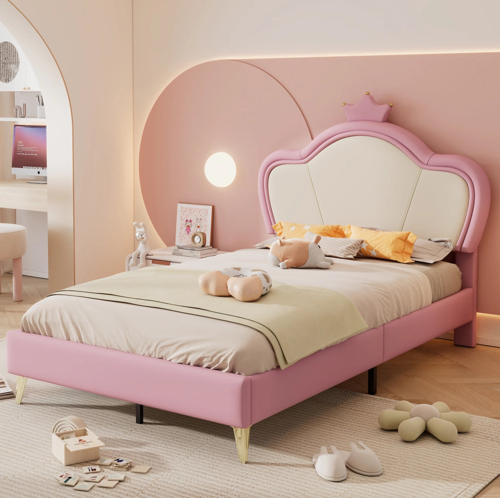 Letto imbottito per bambini rosa e bianco 90x200 cm con testiera a corona