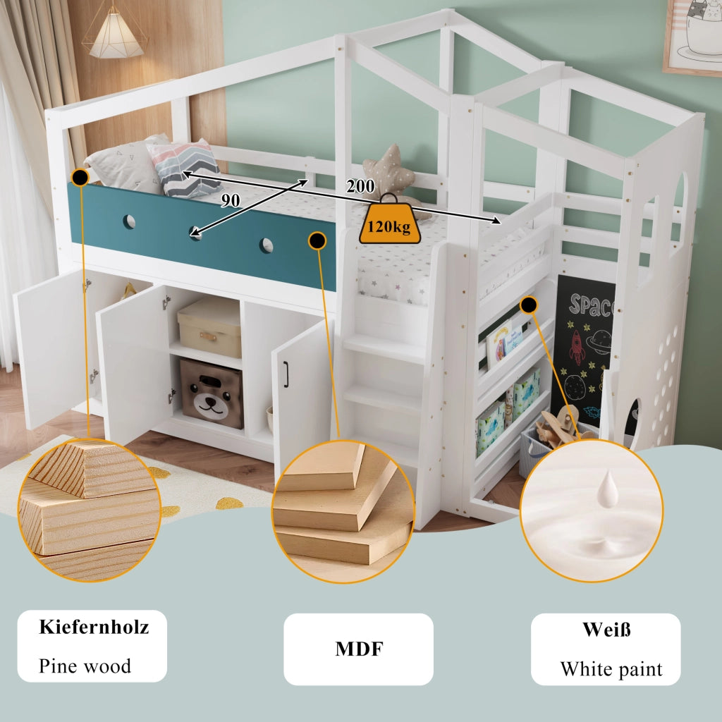 Letto a soppalco 90 × 200 cm con area gioco e armadio integrato in legno e MDF bianco