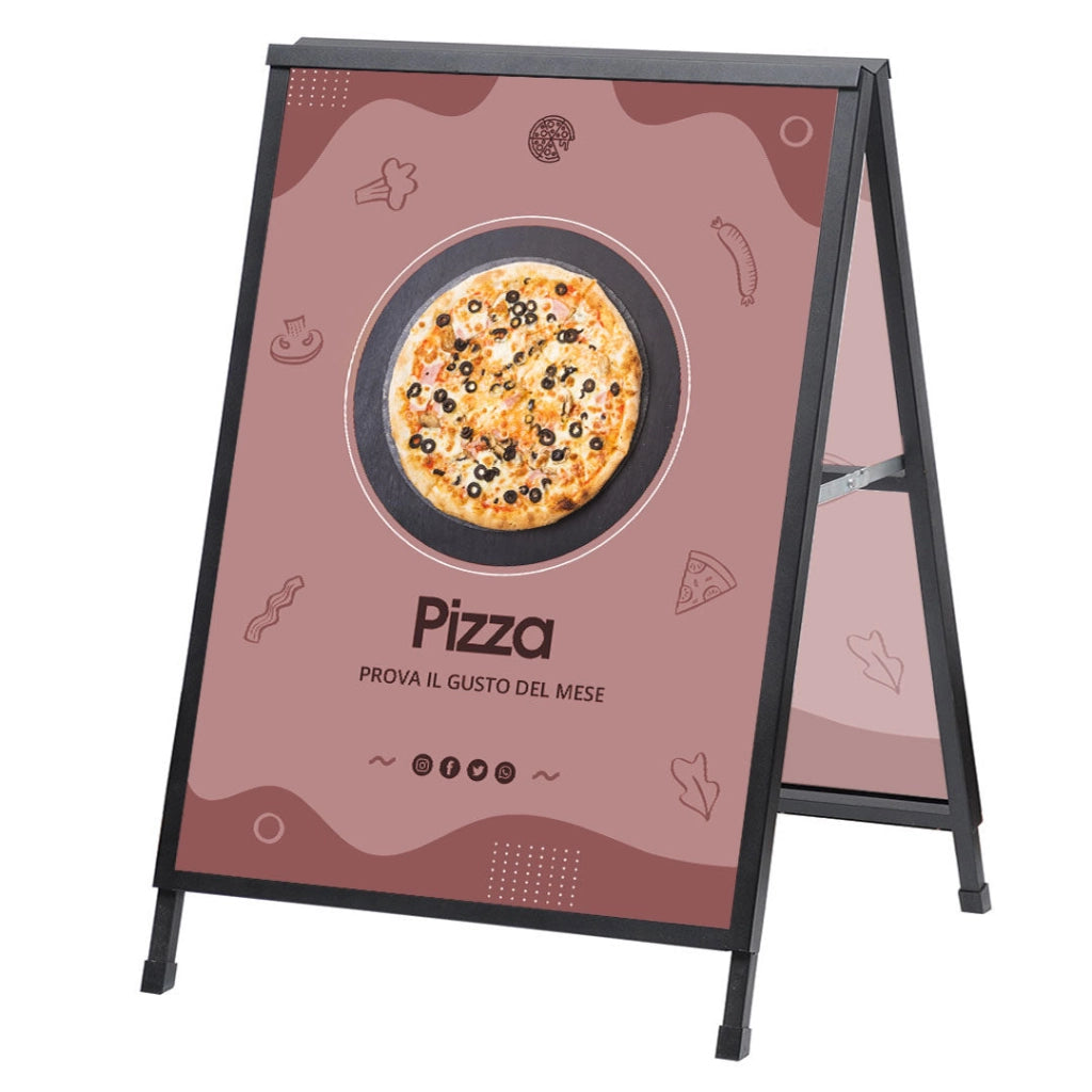 Espositore Pubblicitario Bifacciale a Cavalletto Pieghevole 90x120 cm in Metallo Nero