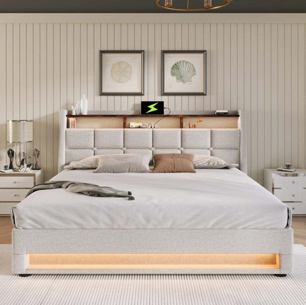 Letto imbottito 140x200 cm beige con LED, USB e contenitore
