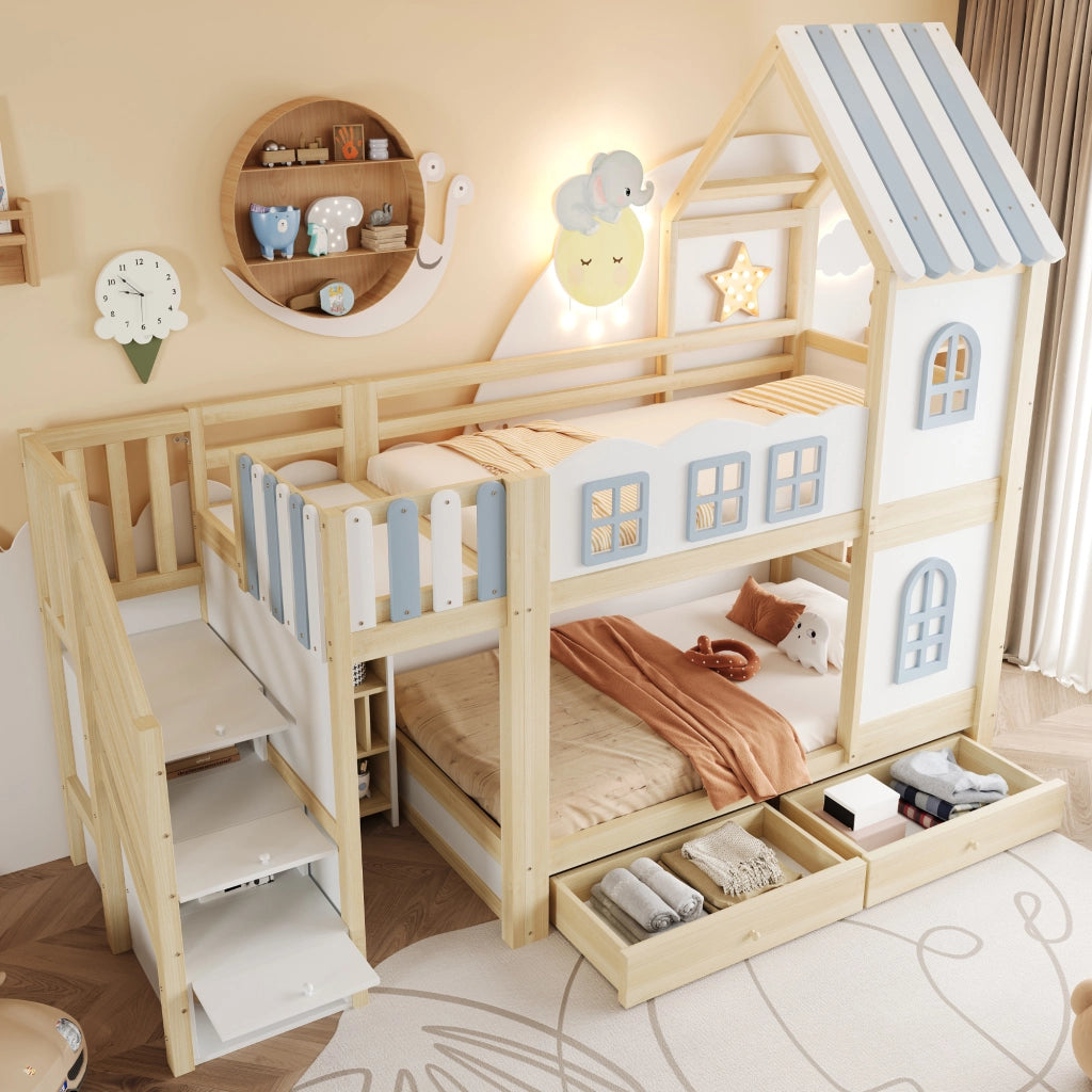 Letto a castello per bambini 90 x 200 cm in legno con sponda a forma di nuvola, tetto con finestre, scala contenitore, scaffali e cassetti - Bianco