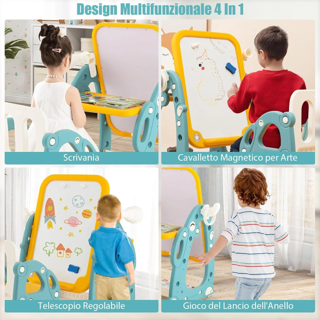 Tavolo da Disegno per Bambini con Sedia, Cavalletto Artistico con Lavagna Regolabile a 3 Livelli, Telescopio e Gioco dell'Anello, Cestino Portaoggetti 8 Pennarelli 3 Anelli 2 Magneti e Gomma