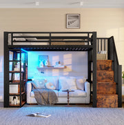 Letto a soppalco 90x200 cm con LED, scaffali e scala in metallo e MDF nero