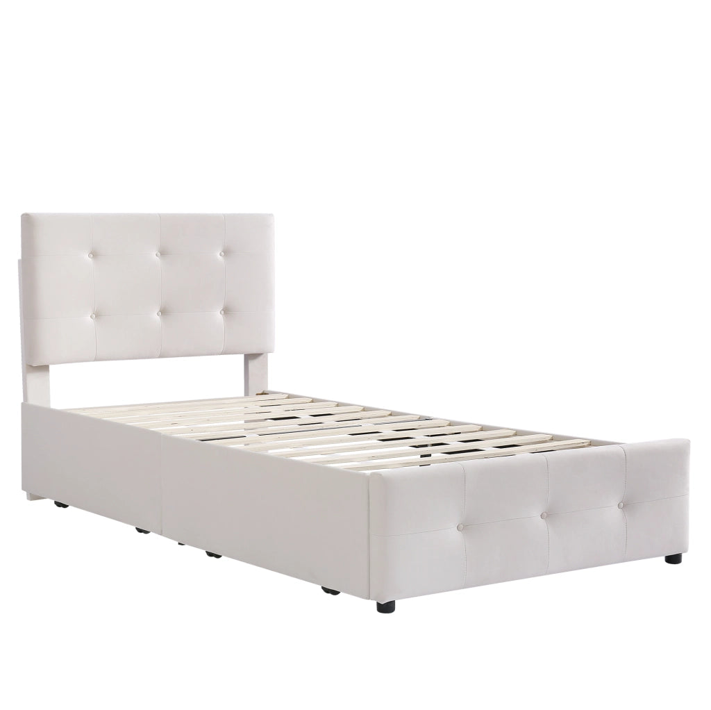 Letto imbottito 90x200 cm con rete a doghe e cassetto in velluto beige