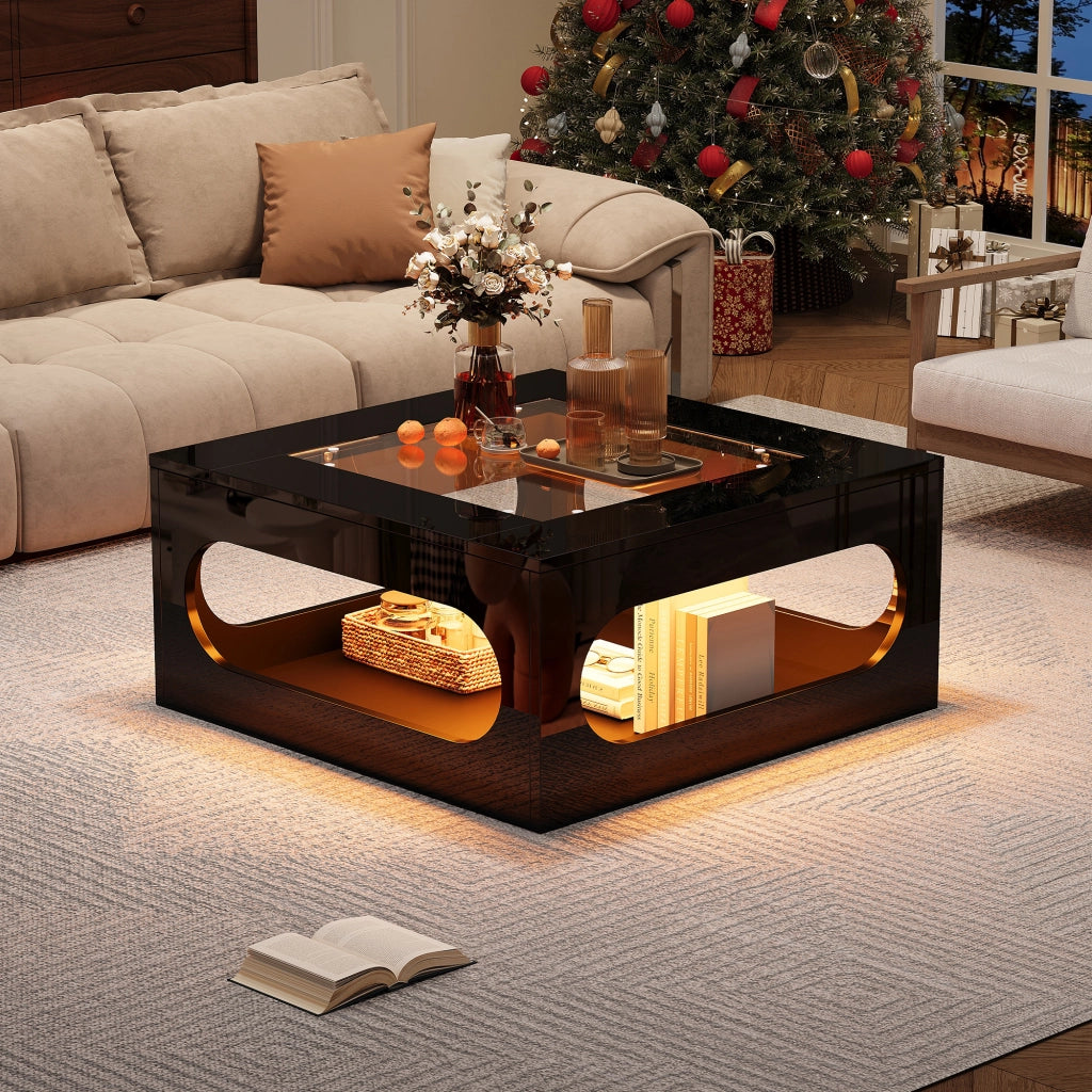 Tavolino basso fisso quadrato con vano centrale e LED via app in MDF nero 70 × 70 × 35 cm
