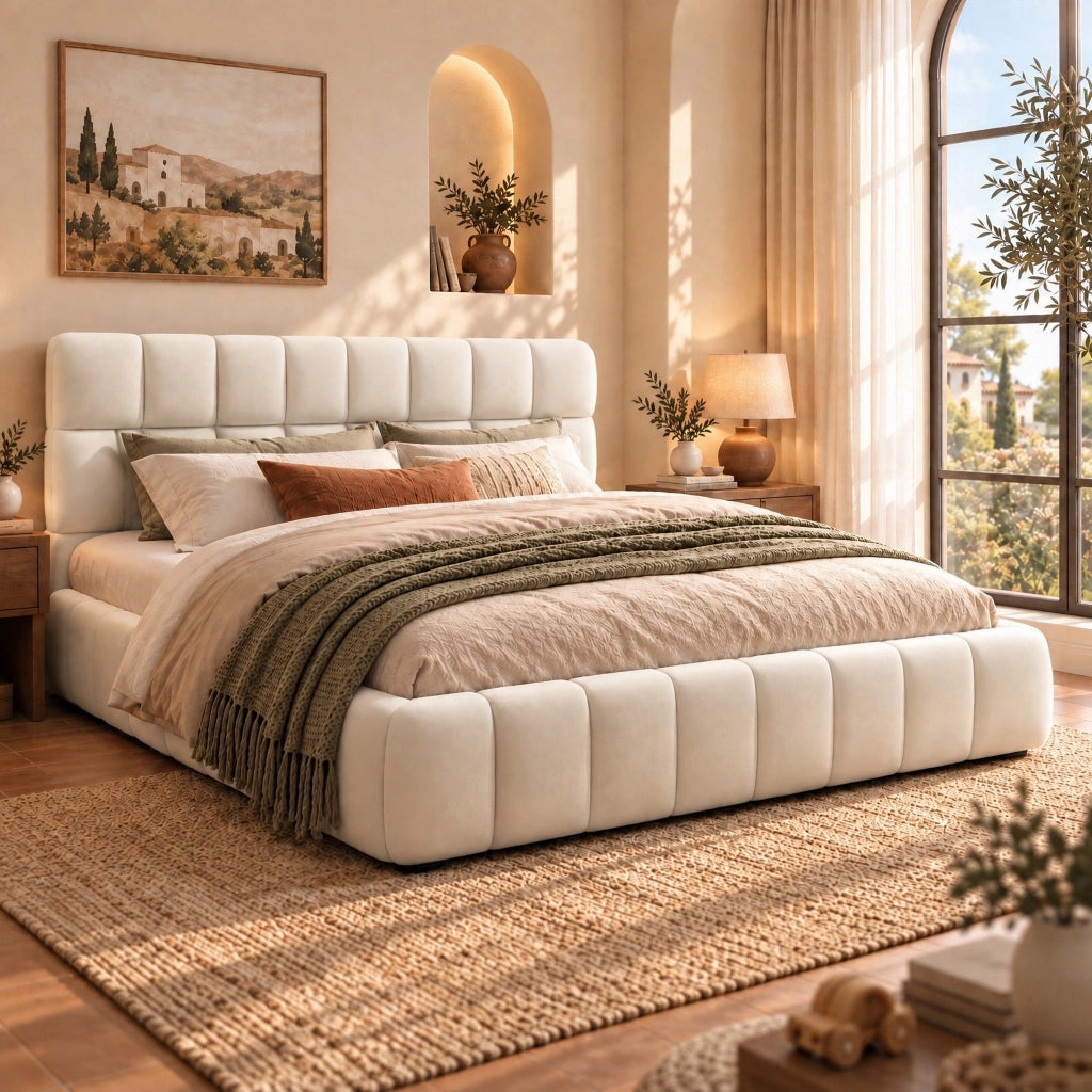 Letto Matrimoniale Bubble 140 x 200 cm,  Letto Imbottito con Rete a Doghe e Testiera, Stile Bubble Velvet, Letto a Basso Profilo, Senza Materasso, Beige