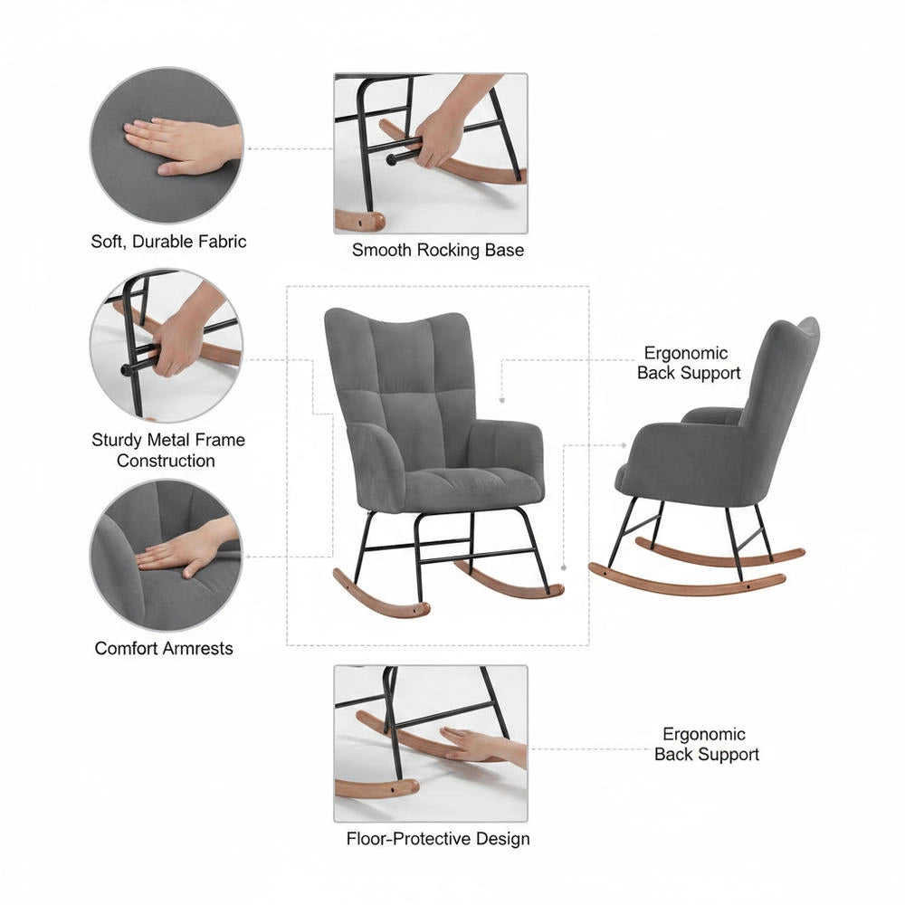 Rocking Chair, Dark Grey Velvet