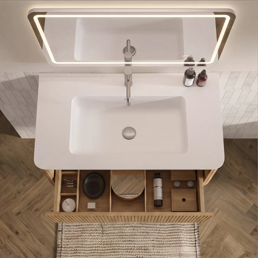 Set mobile bagno sospeso con lavabo, colonna laterale e specchio LED