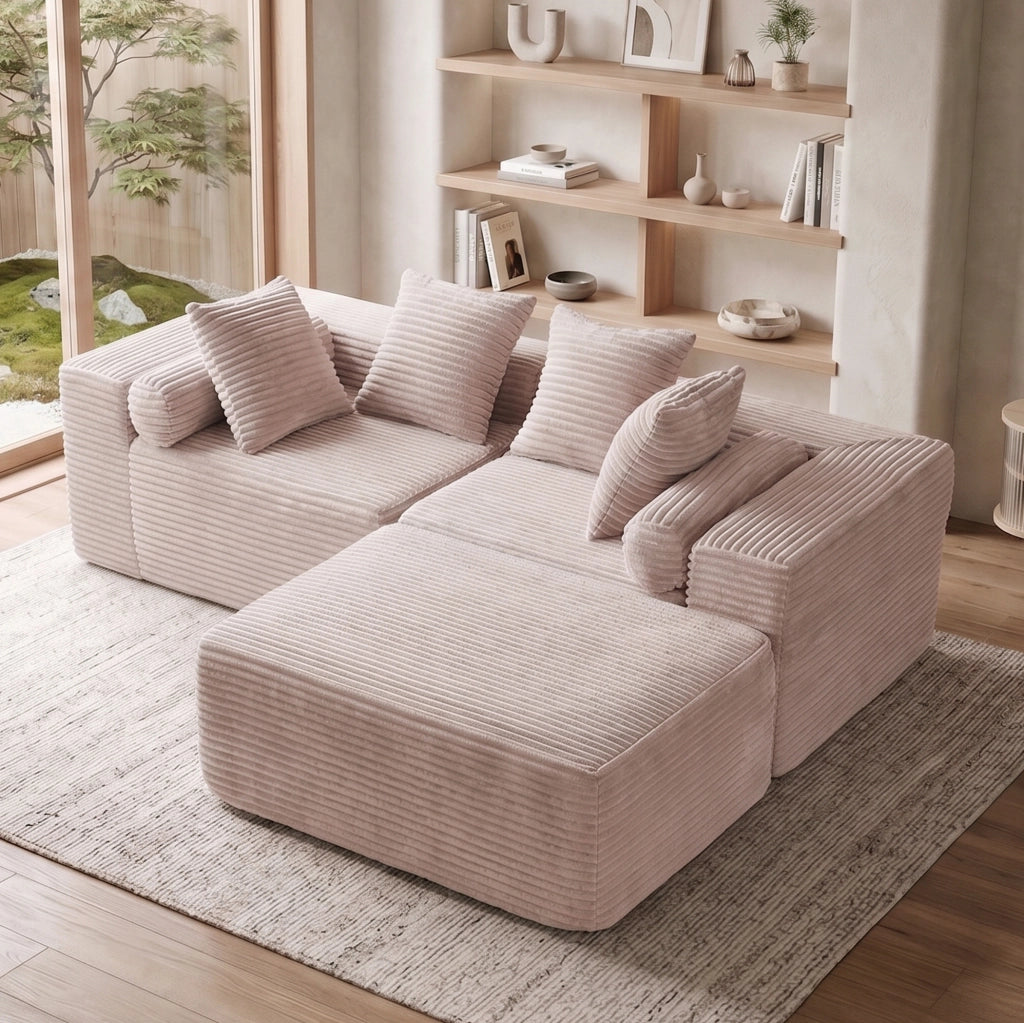 Divano componibile a L con chaise longue; 3 moduli; schiuma e molle; beige