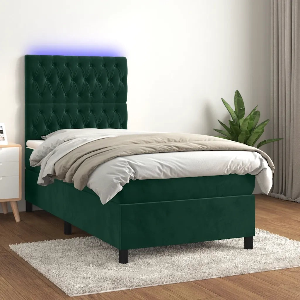 Letto a Molle con Materasso e LED Verde Scuro 100x200cm Velluto