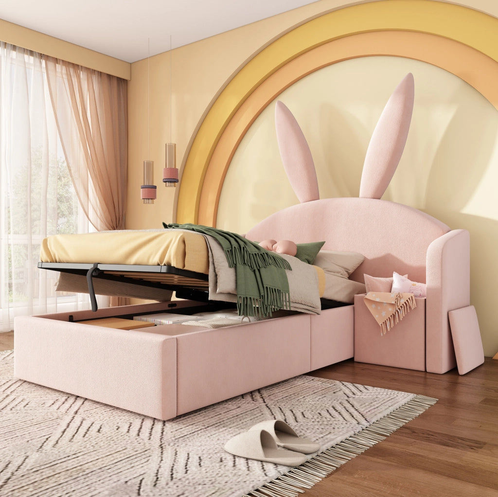Letto imbottito per bambini 90x200 cm in velluto rosa con comodino contenitore e rete a doghe
