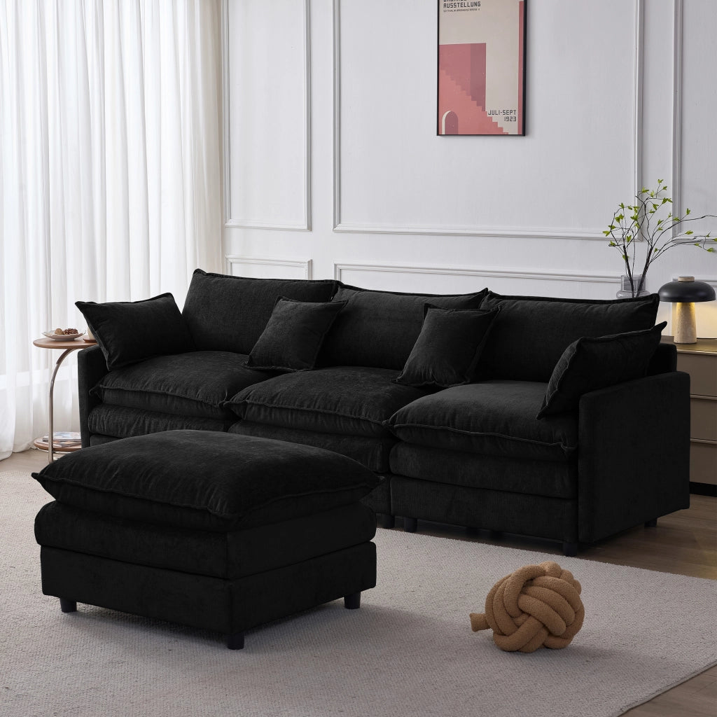 Divano angolare modulare a 3 posti in chenille nero con pouf e cuscini sfoderabili 267 × 154 × 85 cm