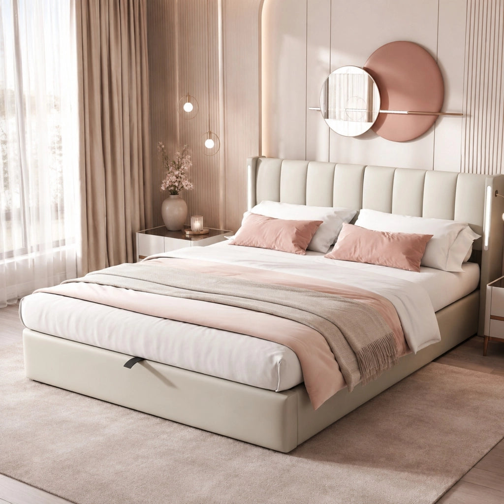 Letto imbottito grigio 140 x 190 cm con LED, USB e contenitore