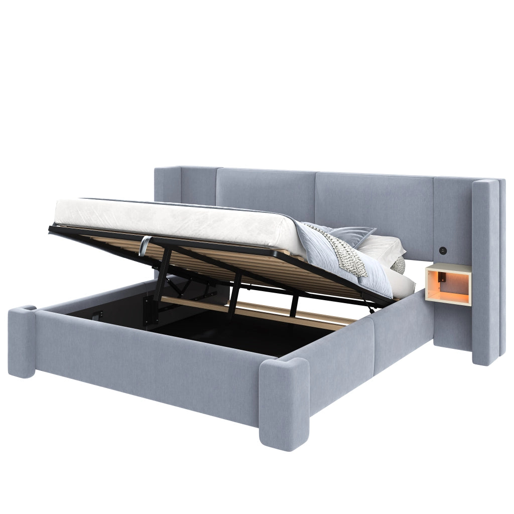 Letto matrimoniale imbottito 140 × 200 cm con contenitore idraulico in lino grigio e comodini LED