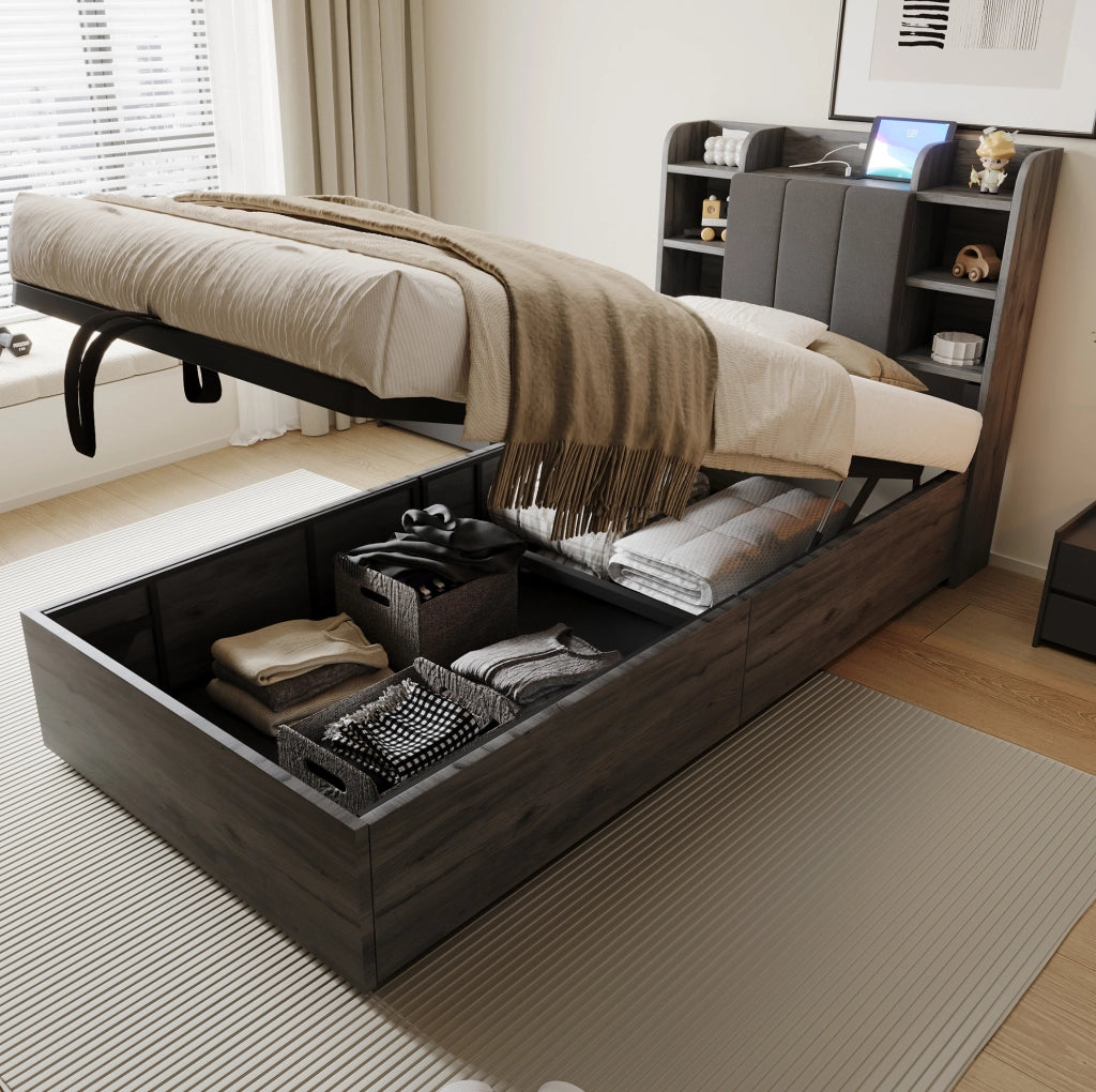 Letto singolo con contenitore idraulico 90x200 cm in MDF grigio; testiera con prese USB e Type-C