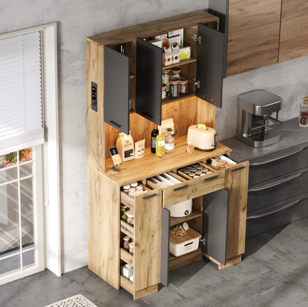 Credenza alta da cucina con LED RGB, prese e ripiani estraibili