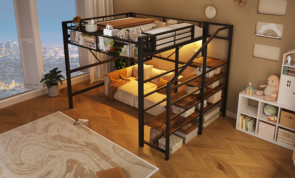 LETTO a soppalco 140x200 cm in metallo e MDF nero con scala e LED