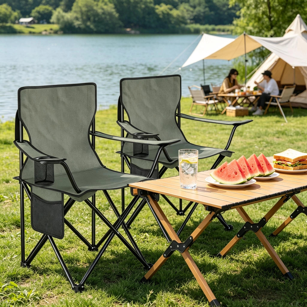 Set di sedie pieghevoli da campeggio a 2 posti in metallo, tessuto oxford e mesh, grigio scuro, con portabevande 47 × 76 × 80,5 cm