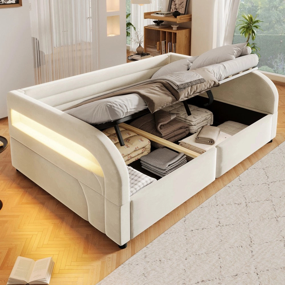 Letto imbottito contenitore con LED ¨C Minimal ¨C Bianco 140x200 cm