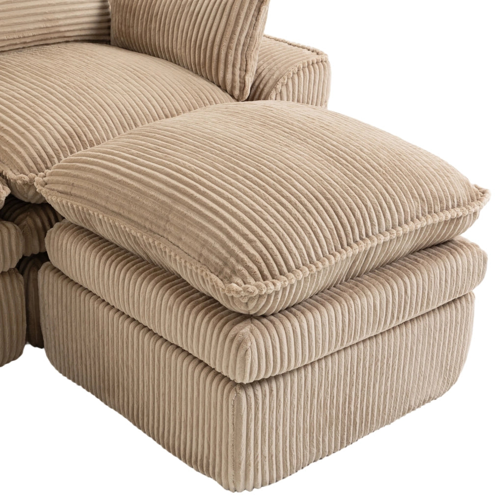 Divano modulare 3 posti con pouf e tasche laterali in velluto a coste kaki