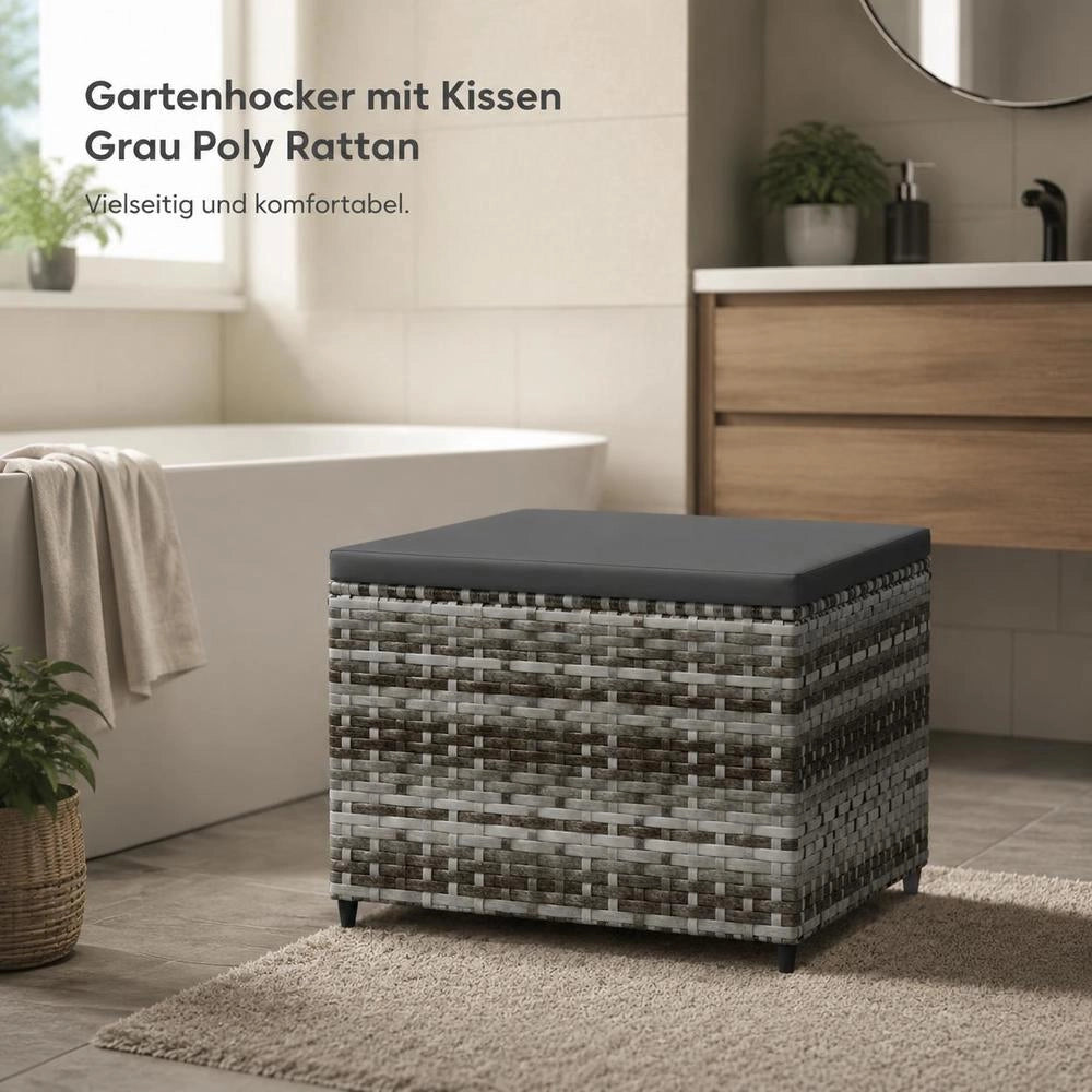 Garden Stool With Cushion, Grey Poly Rattan