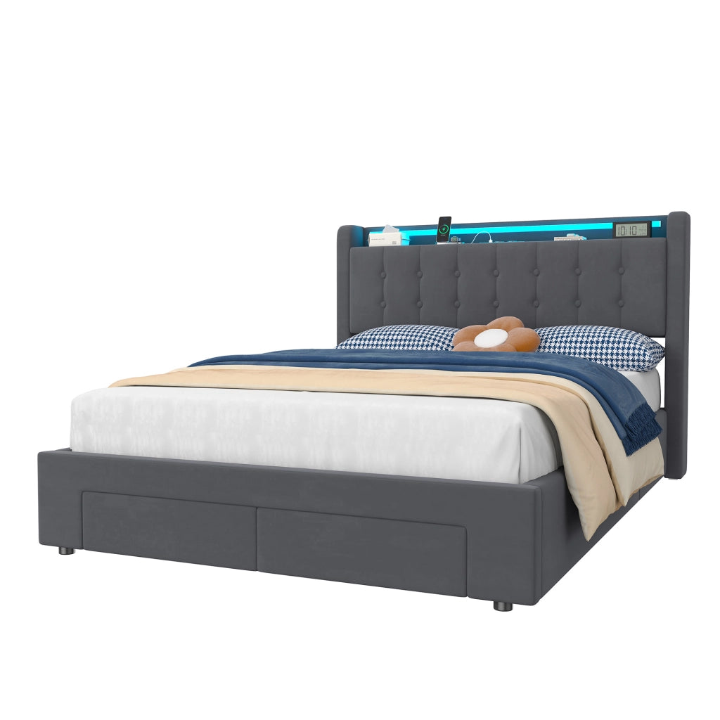 Letto Imbottito 140x190 cm Grigio Scuro in Velluto con Contenitore, 2 Cassetti, USB e LED
