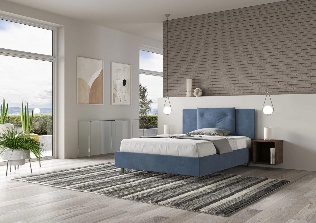 BS COM Letto una piazza e mezza senza rete imbottito 130x200 microfibra blu