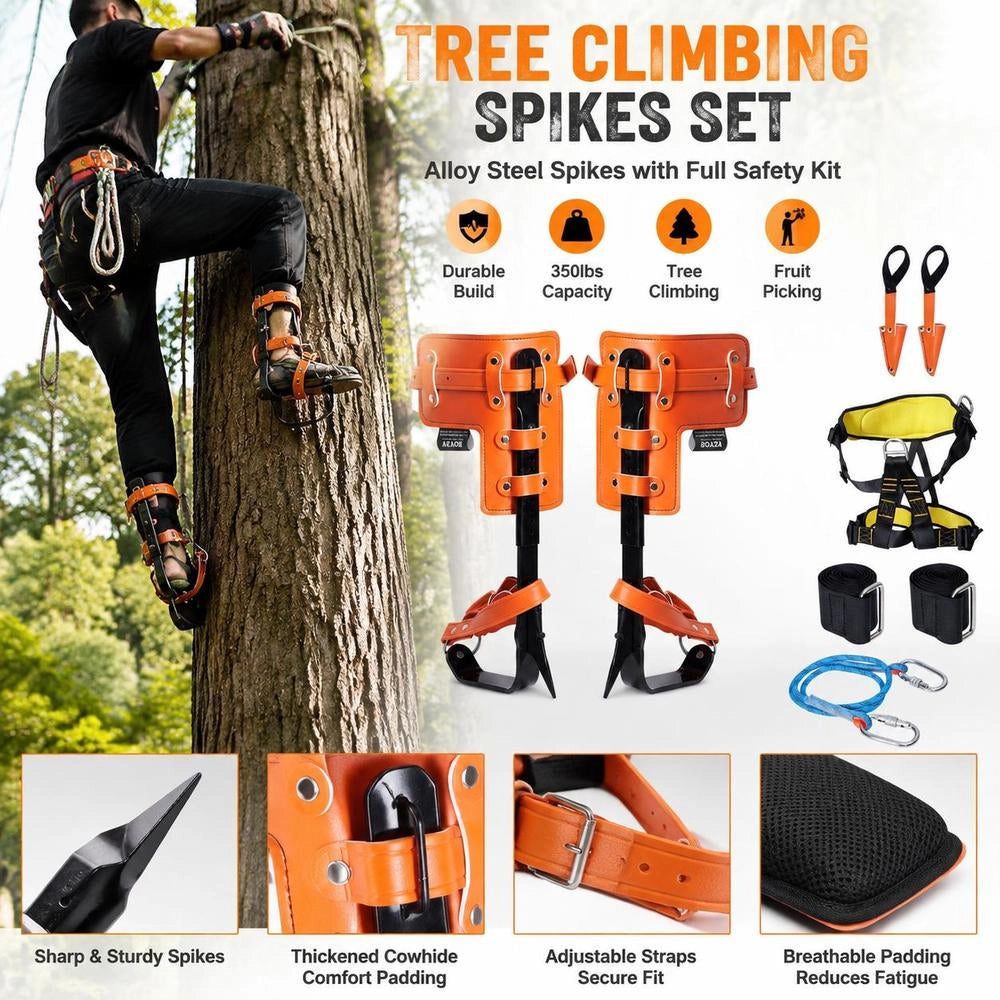 Tree Climbing Spike Set, 1 Pair Of Alloy Steel Climbing Spikes With Safety Rope And Harness, 350 Lbs Load Capacity, Tree Climbing Equipment, Tree Care Equipment For Climbers, Fruit Picking, Orange