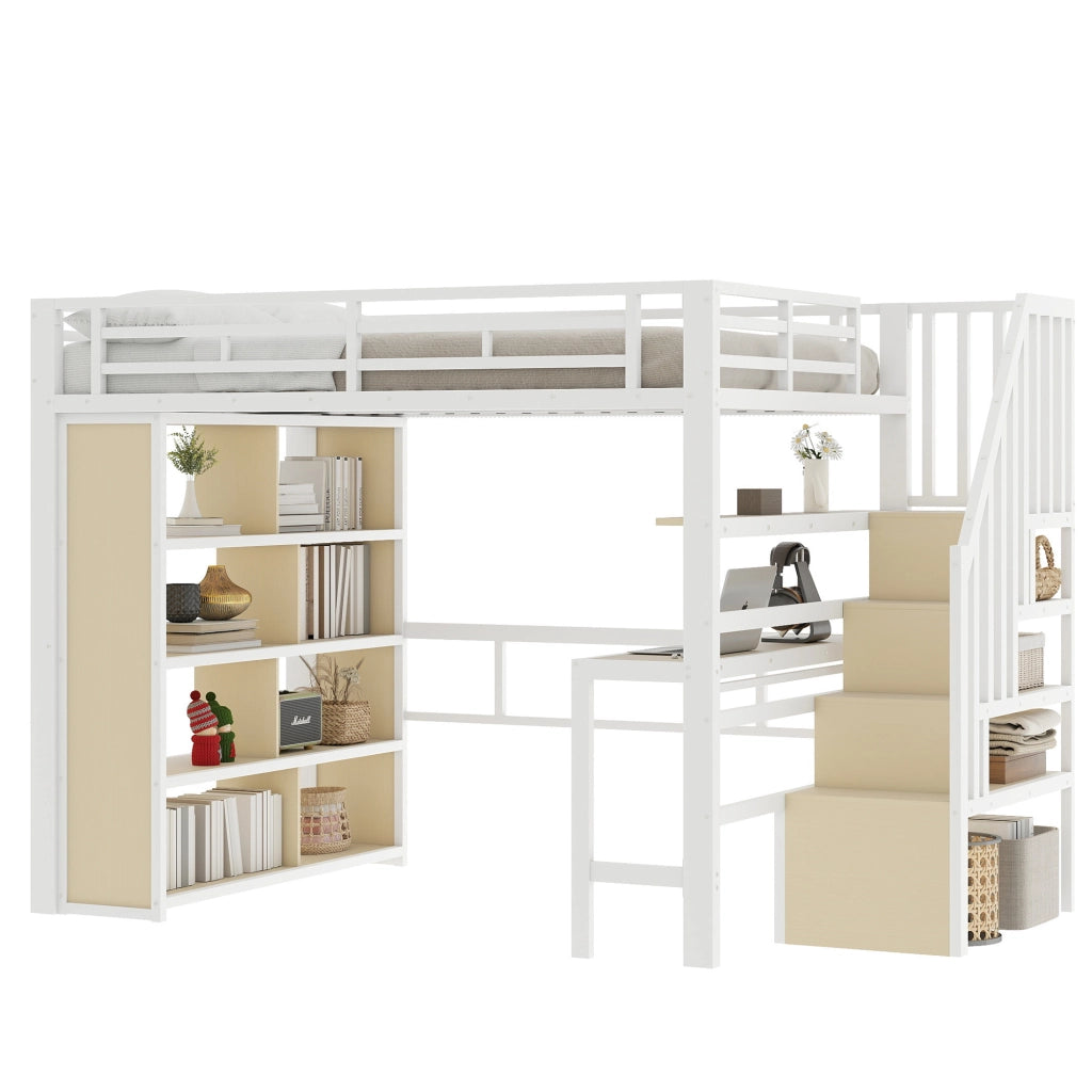 Letto a Soppalco con Scrivania e LED ¨C MINIMAL ¨C Bianco, 140x200, Metallo