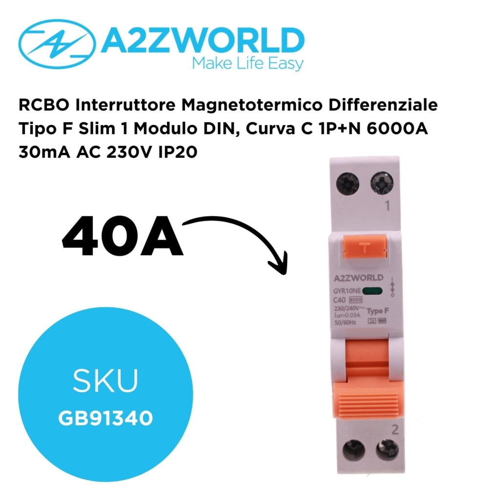 RCBO Interruttore Magnetotermico Differenziale Tipo F Slim 1 Modulo DIN, Curva C 1P+N 6000A 30mA AC 230V IP20, Corrente Disponibili 6A 10A 16A 20A 25A 32A 40A (C40A)