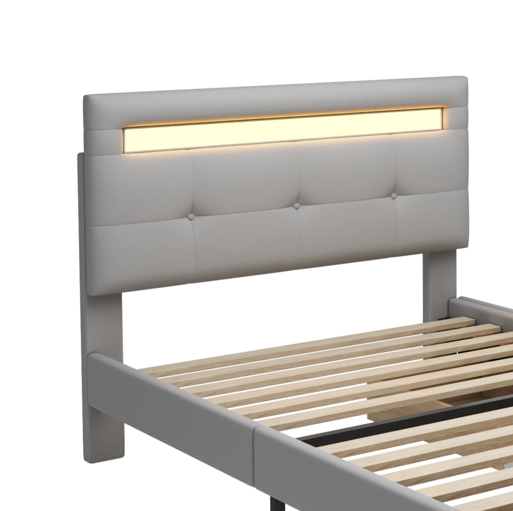 Letto imbottito 90x200 cm con LED, 2 cassetti, testiera regolabile e rete a doghe grigio